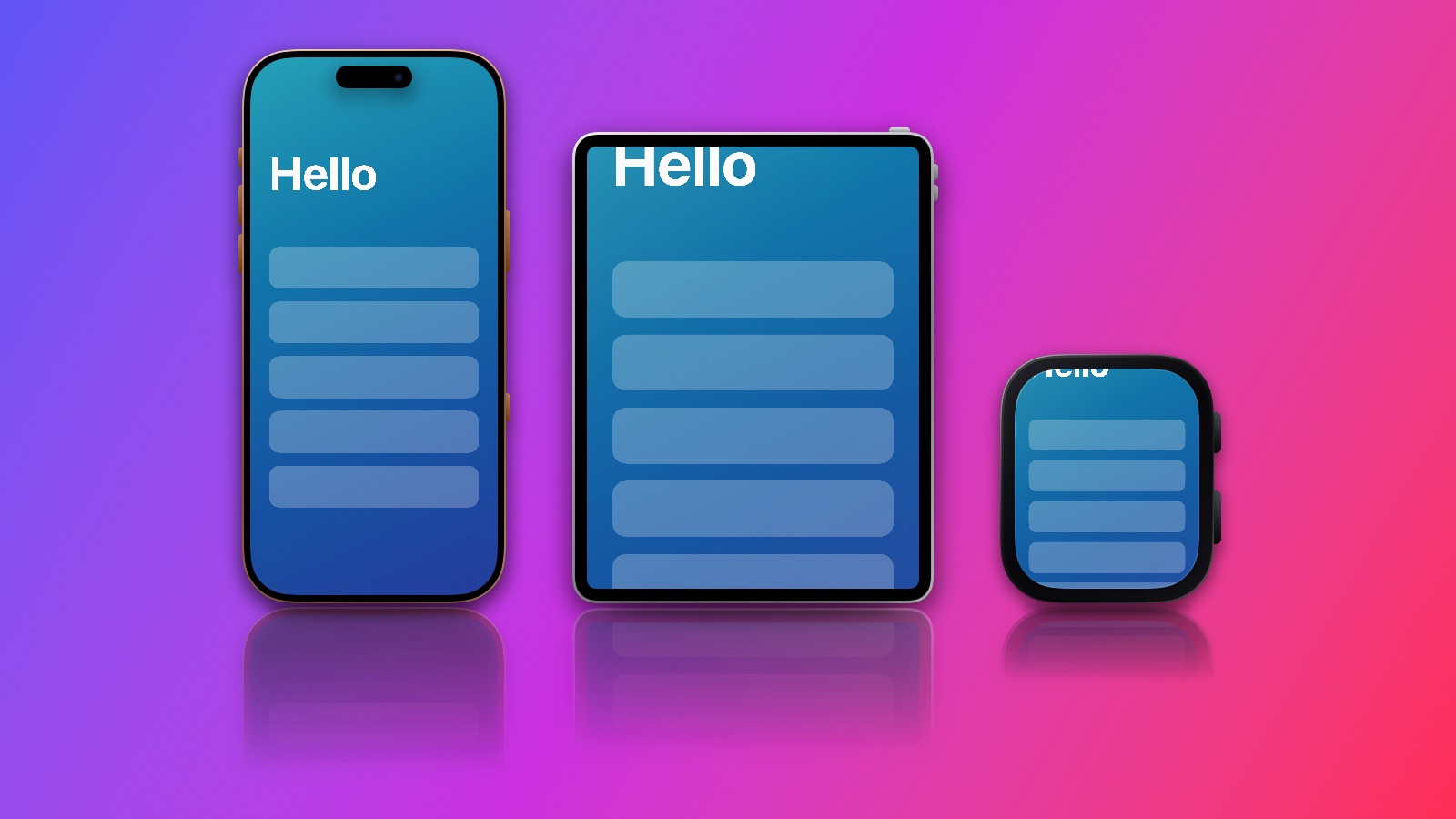 An iPhone, an iPad and an Apple Watch side by side on a purple and pink backdrop, with reflections