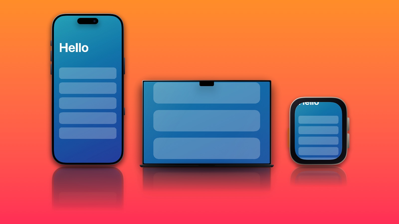 An iPhone, a MacBook Pro and an Apple Watch Ultra side by side on an orange backdrop, with reflections