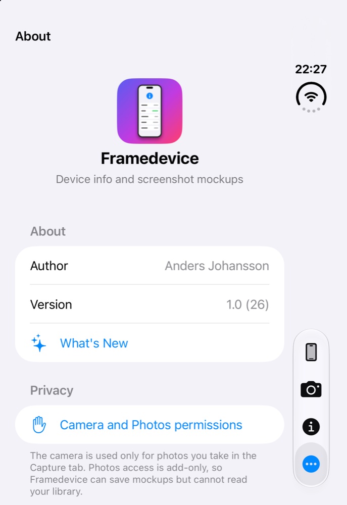 The About screen with the author, version and a What's New button