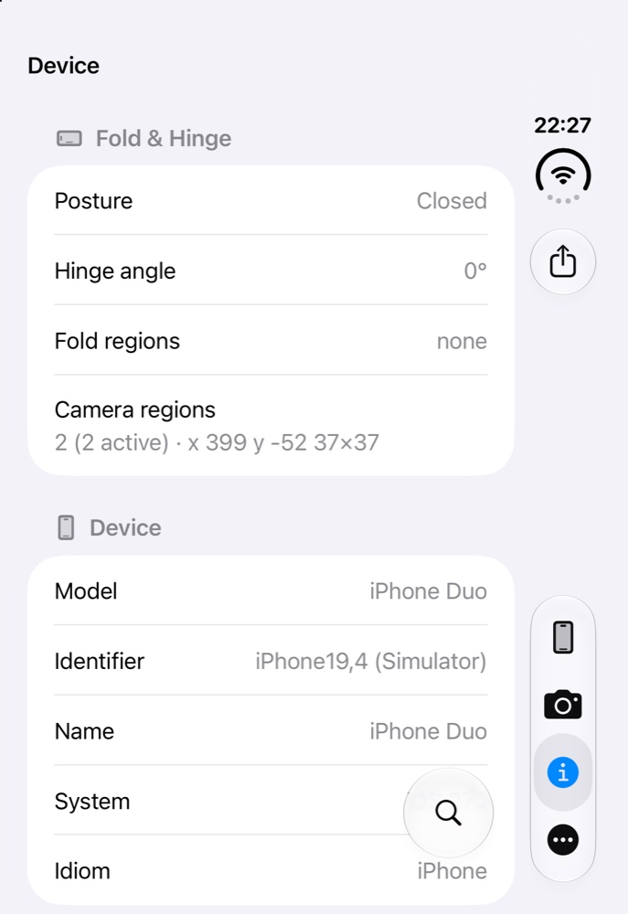The Device screen with fold and hinge information and device details