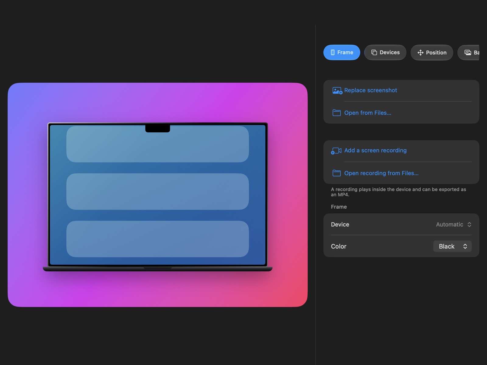 The Framedevice Mac app showing a MacBook Pro mockup with the frame and screenshot controls beside it