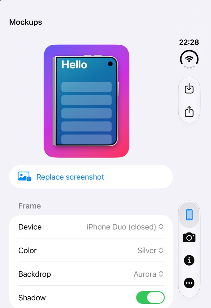 The Mockups screen with controls for frame, color, backdrop and shadow
