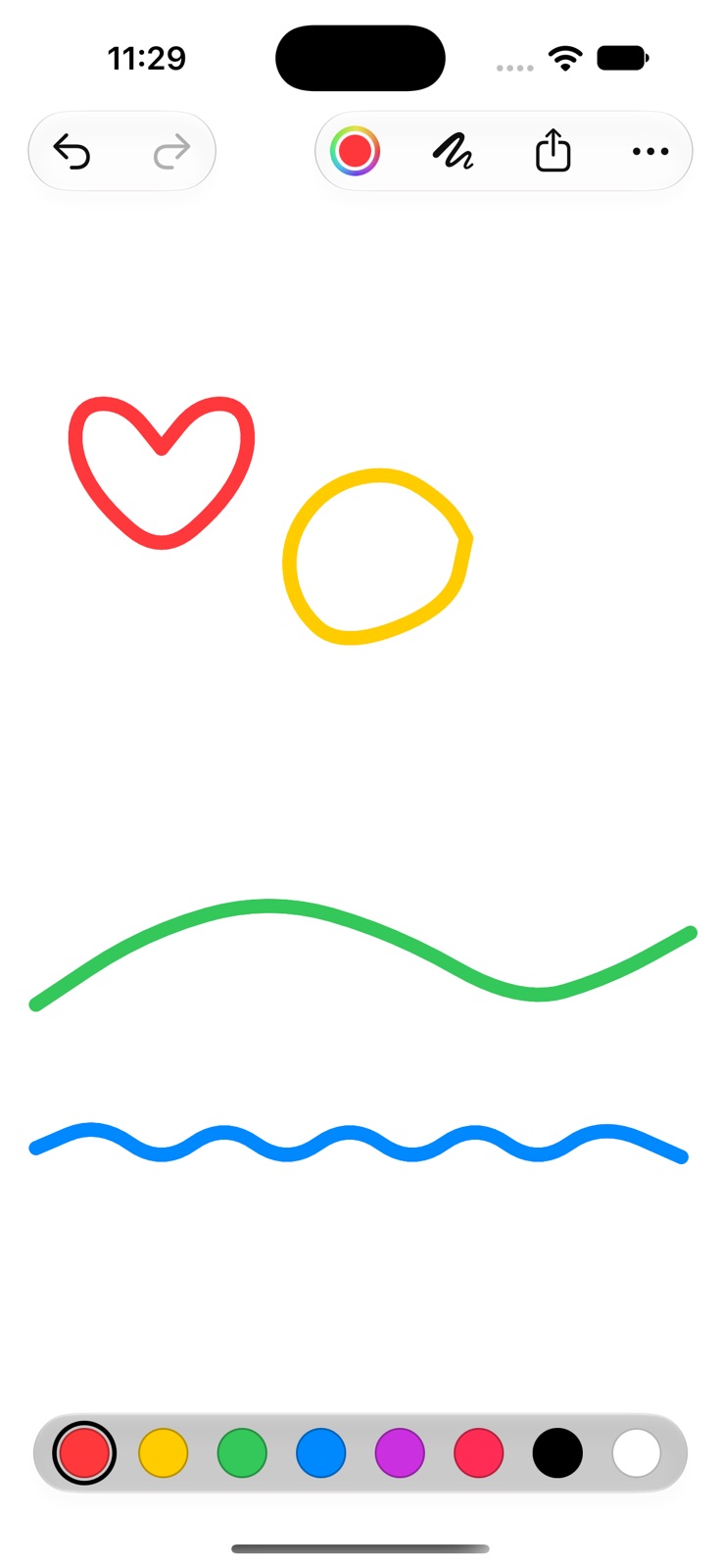 Just Draw on an iPhone: a red heart, a yellow sun, a green hill and blue waves on white paper, with a color palette at the bottom